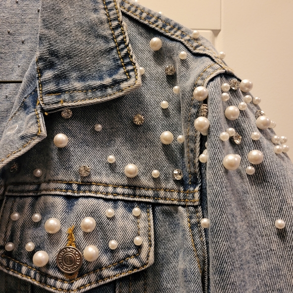 Embroidered pearl/crystal stud Wifey denim jacket - Picture 4 of 7